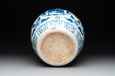A large Chinese blue and white 'mythical creatures' jar, 'guan', Jiajing/Wanli