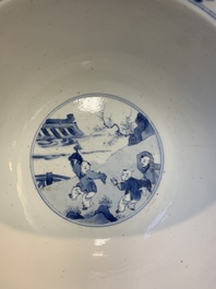A Chinese blue and white 'San Niang Jiao Zi 三娘教子' 'klapmuts' bowl, Chenghua mark, Kangxi