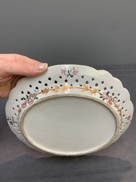 A Chinese export famille rose reticulated oval dish, inscribed Non Majestate Securus, ca. 1800