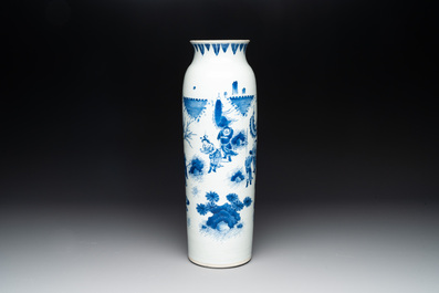 A fine Chinese blue and white sleeve vase with narrative design, Transitional period