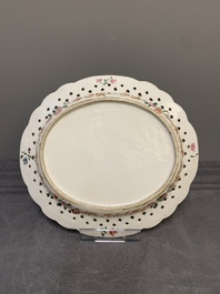 A Chinese export famille rose reticulated oval dish, inscribed Non Majestate Securus, ca. 1800