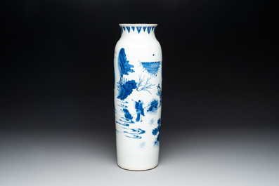 A fine Chinese blue and white sleeve vase with narrative design, Transitional period