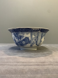 A Chinese blue and white 'San Niang Jiao Zi 三娘教子' 'klapmuts' bowl, Chenghua mark, Kangxi