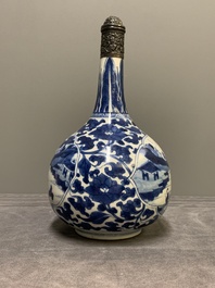 A Chinese blue and white silver-mounted 'landscape' bottle vase, Kangxi