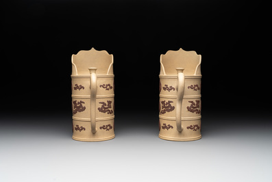 A pair of very rare Chinese Yixing stoneware 'duomuhu' ewers and covers, Kangxi