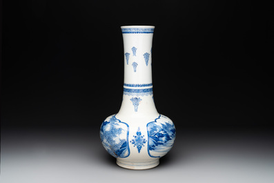 A Chinese blue and white 'fishermen' bottle vase, signed Xiaoshan 曉山, artemisia leaf mark, Kangxi