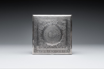 A square silver box with floral design, Iran, 20th C.