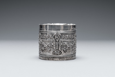 Two silver bottle stoppers, a tobacco box and a baby rattle with red coral teether, Germany, 19/20th C.