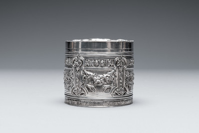 Two silver bottle stoppers, a tobacco box and a baby rattle with red coral teether, Germany, 19/20th C.