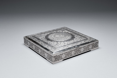 A square silver box with floral design, Iran, 20th C.