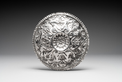 A repouss&eacute; silver dish with floral design, probably Southern Europe, 15/16th C.