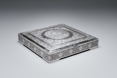A square silver box with floral design, Iran, 20th C.