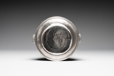 A Thai silver punch bowl with tiger-form handles, เฉิน เว่ย ไท่ 陳偉泰 mark, Bangkok, 19th C.