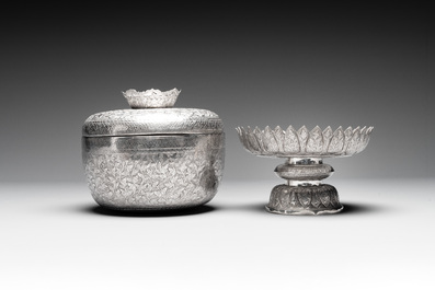 A Chinese silver bowl and cover on lotus-shaped stand, Li Hehe 李和合 and Zuyin 足銀 mark, 19th C.