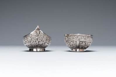 Four silver Kashkul bowls and a rectangular tray, India and Persia, 19/20th C.