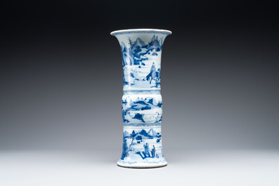 A large Chinese blue and white 'gu' vase with figures in landscapes, Kangxi