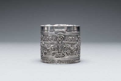 Two silver bottle stoppers, a tobacco box and a baby rattle with red coral teether, Germany, 19/20th C.