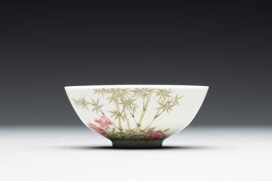 A Chinese famille rose 'peony and bamboo' bowl, Yongzheng mark, 20th C.