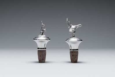 Two silver bottle stoppers, a tobacco box and a baby rattle with red coral teether, Germany, 19/20th C.