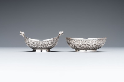 Four silver Kashkul bowls and a rectangular tray, India and Persia, 19/20th C.