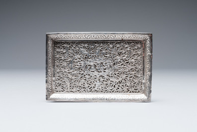 Four silver Kashkul bowls and a rectangular tray, India and Persia, 19/20th C.