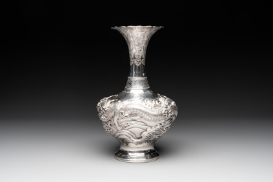 A Japanese silver 'dragon' vase, signed Mitsuhisa, Meiji, 19th C.