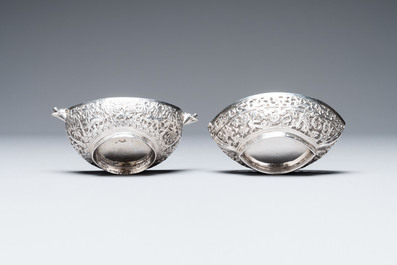 Four silver Kashkul bowls and a rectangular tray, India and Persia, 19/20th C.