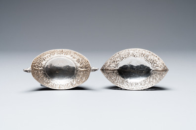 Four silver Kashkul bowls and a rectangular tray, India and Persia, 19/20th C.
