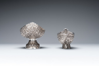 Four silver Kashkul bowls and a rectangular tray, India and Persia, 19/20th C.