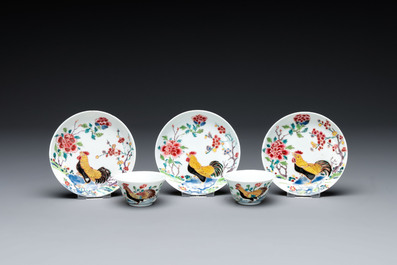 Four Chinese famille rose 'rooster' cups and five saucers, Yongzheng