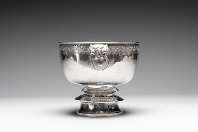 A Thai silver punch bowl with tiger-form handles, เฉิน เว่ย ไท่ 陳偉泰 mark, Bangkok, 19th C.