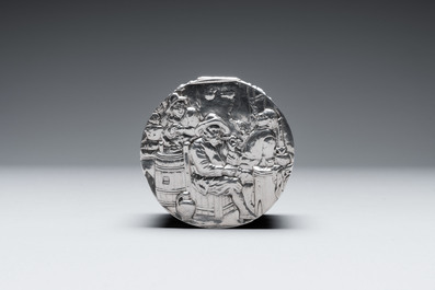 Two silver bottle stoppers, a tobacco box and a baby rattle with red coral teether, Germany, 19/20th C.