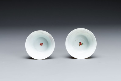 Four Chinese famille rose 'rooster' cups and five saucers, Yongzheng