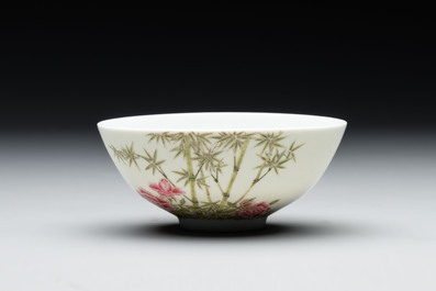 A Chinese famille rose 'peony and bamboo' bowl, Yongzheng mark, 20th C.