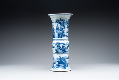 A large Chinese blue and white 'gu' vase with figures in landscapes, Kangxi