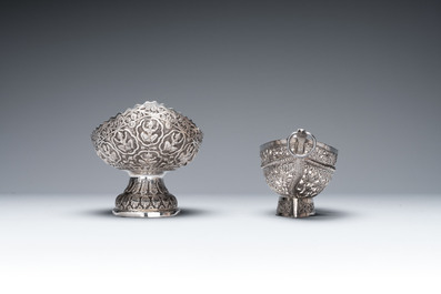 Four silver Kashkul bowls and a rectangular tray, India and Persia, 19/20th C.