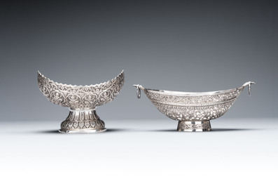 Four silver Kashkul bowls and a rectangular tray, India and Persia, 19/20th C.