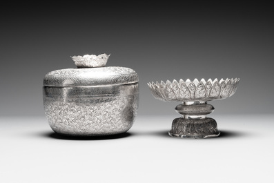 A Chinese silver bowl and cover on lotus-shaped stand, Li Hehe 李和合 mark, 19th C.