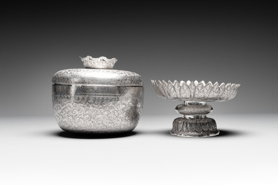 A Chinese silver bowl and cover on lotus-shaped stand, Li Hehe 李和合 and Zuyin 足銀 mark, 19th C.