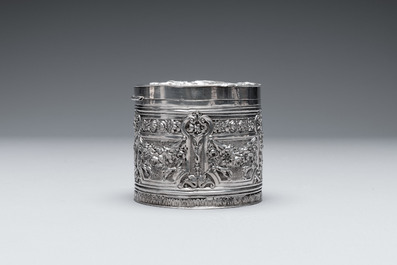 Two silver bottle stoppers, a tobacco box and a baby rattle with red coral teether, Germany, 19/20th C.