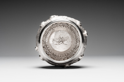 A Chinese silver bowl and cover on lotus-shaped stand, Li Hehe 李和合 mark, 19th C.