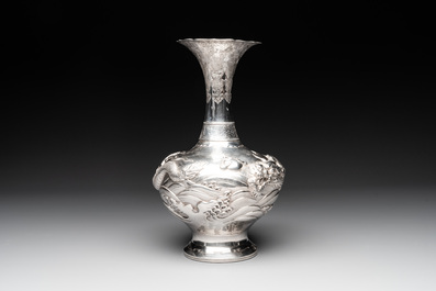 A Japanese silver 'dragon' vase, signed Mitsuhisa, Meiji, 19th C.