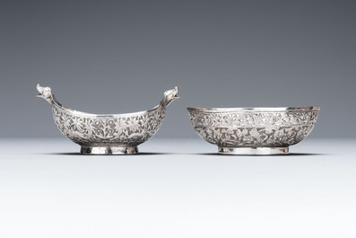 Four silver Kashkul bowls and a rectangular tray, India and Persia, 19/20th C.