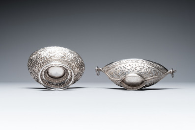 Four silver Kashkul bowls and a rectangular tray, India and Persia, 19/20th C.