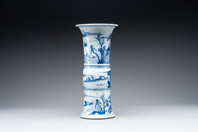A large Chinese blue and white 'gu' vase with figures in landscapes, Kangxi