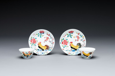 Four Chinese famille rose 'rooster' cups and five saucers, Yongzheng
