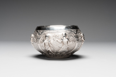 A repouss&eacute; silver bowl depicting priests and Egyptian gods, Alexandria, 1919-1920