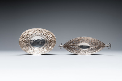 Four silver Kashkul bowls and a rectangular tray, India and Persia, 19/20th C.