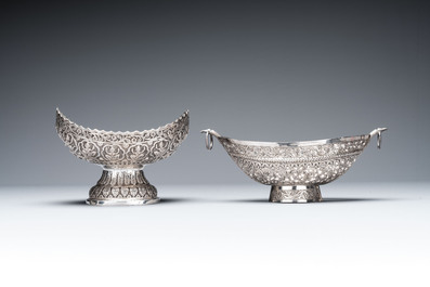Four silver Kashkul bowls and a rectangular tray, India and Persia, 19/20th C.