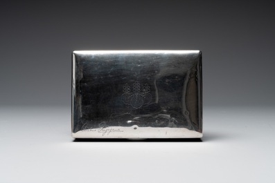 A Japanese silver cigar box with imperial crest and two commemorative silver sake cups, 19/20th C.